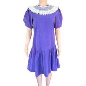 Vintage Purple Corduroy Pleated Dress with Smocked Collar Pleated Ruffle XL